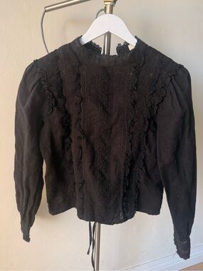 Simple Retro Black Lace Trim Top